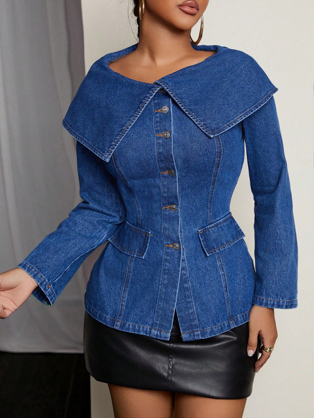 Street style oversized collar denim long sleeve versatile fashionable sexy personalized women's jacket trend