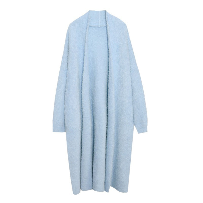 Knee length faux mink fur cardigan sweater loose knit jacket outerwear