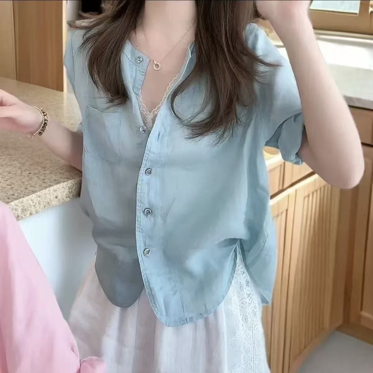Elegant Solid Color Shirt Women Summer Loose Fit Flattering Slimming Casual Simple  Mid-Sleeve Blouse Women