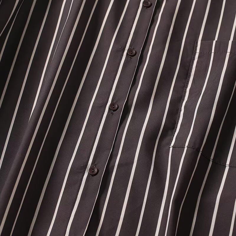Flip collar single breasted striped loose and versatile shirt for women