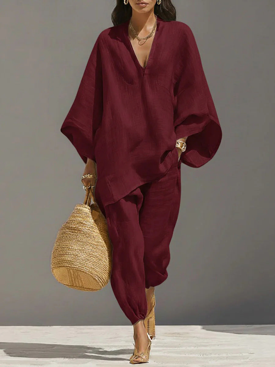 Spring Casual Loose Solid Color Shirt Women's Set