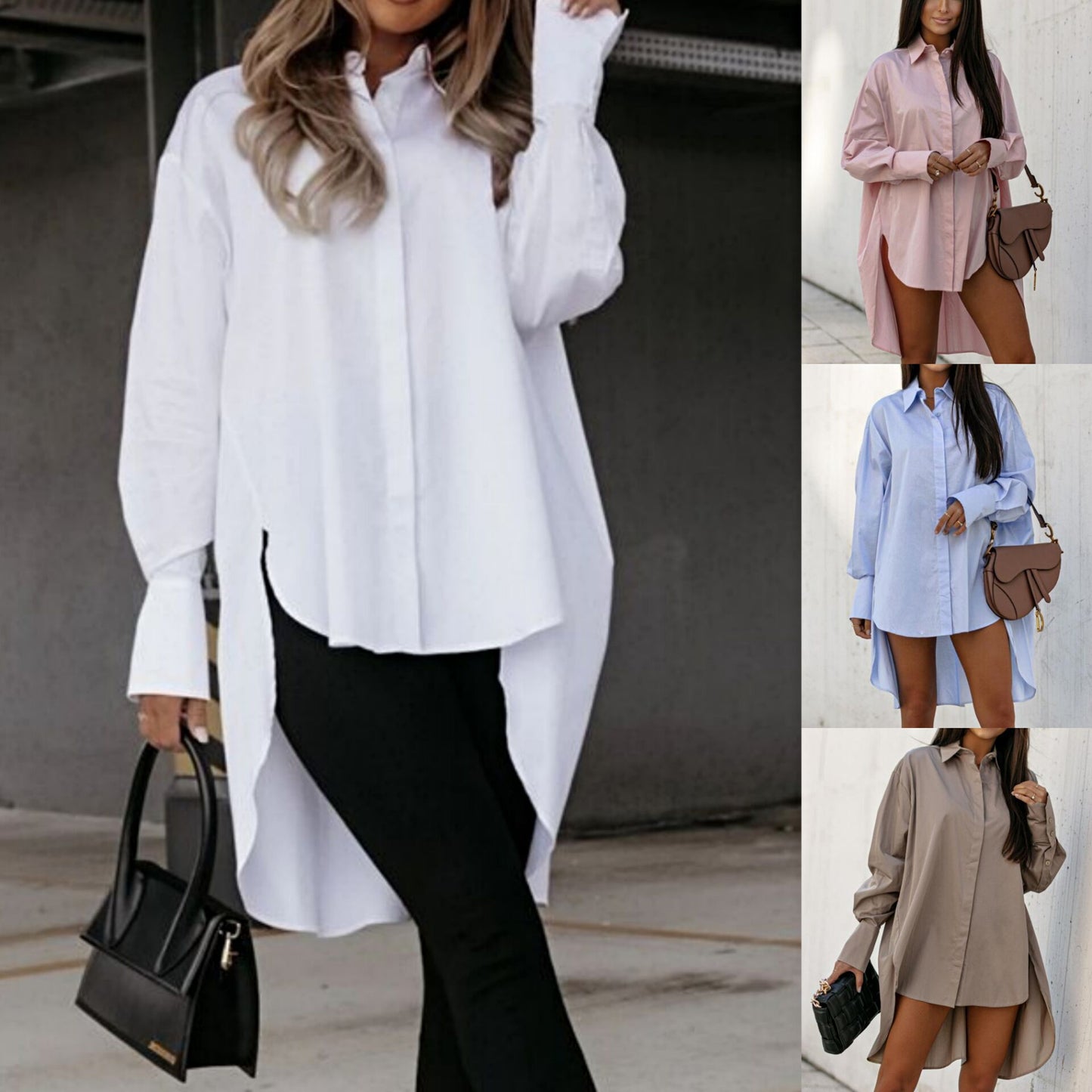 Long sleeved shirt casual solid color loose collar irregular shirt for women
