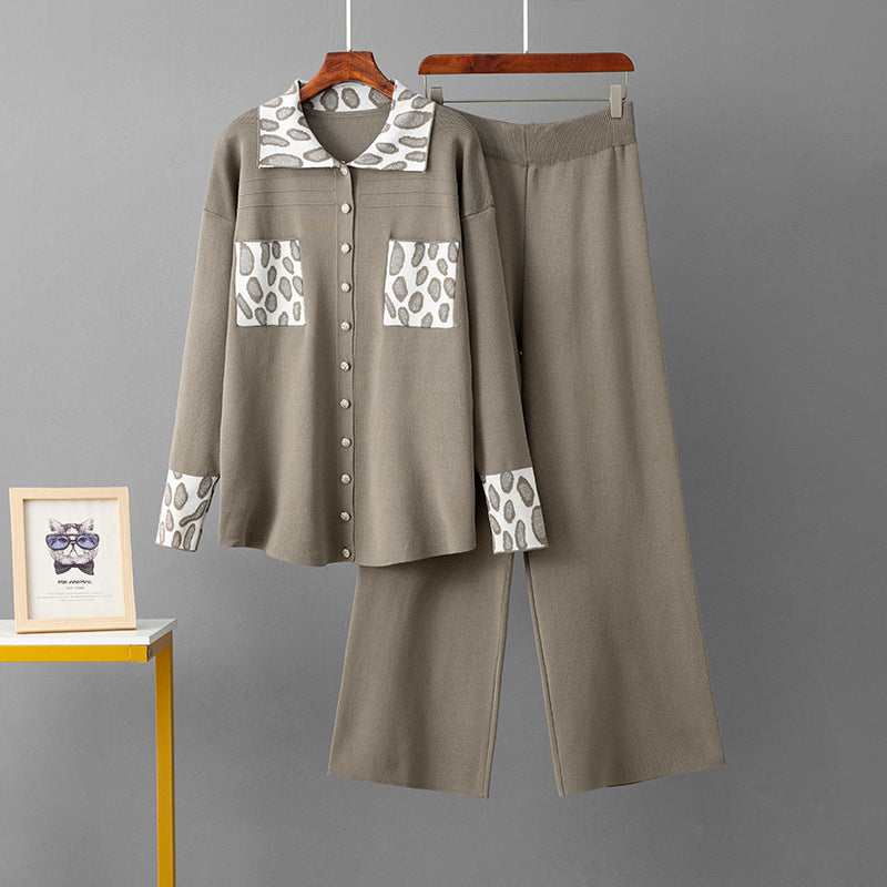 POLO collar loose sweater wide leg pants two-piece set for women