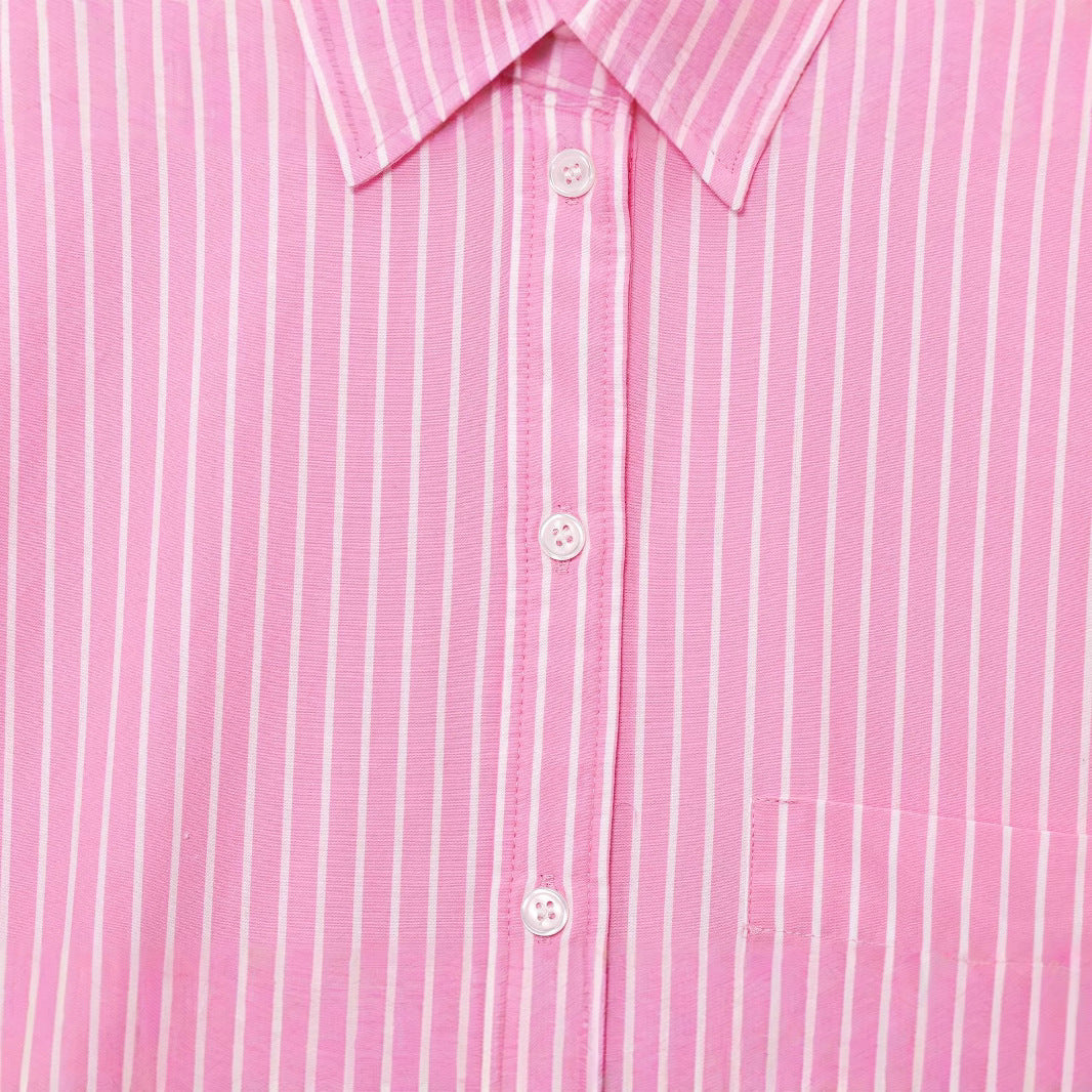Striped collar long sleeved shirt top for women