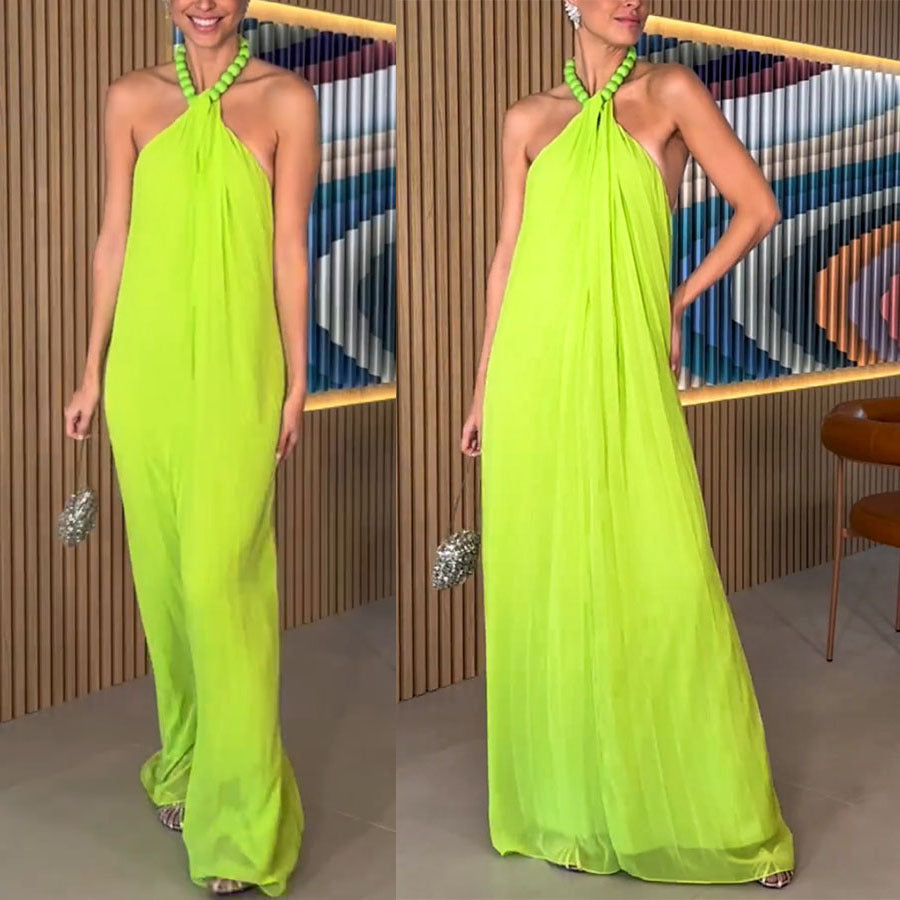 Elegant Chiffon Pleated Halter Dress INS Casual Loose Vacation Dress
