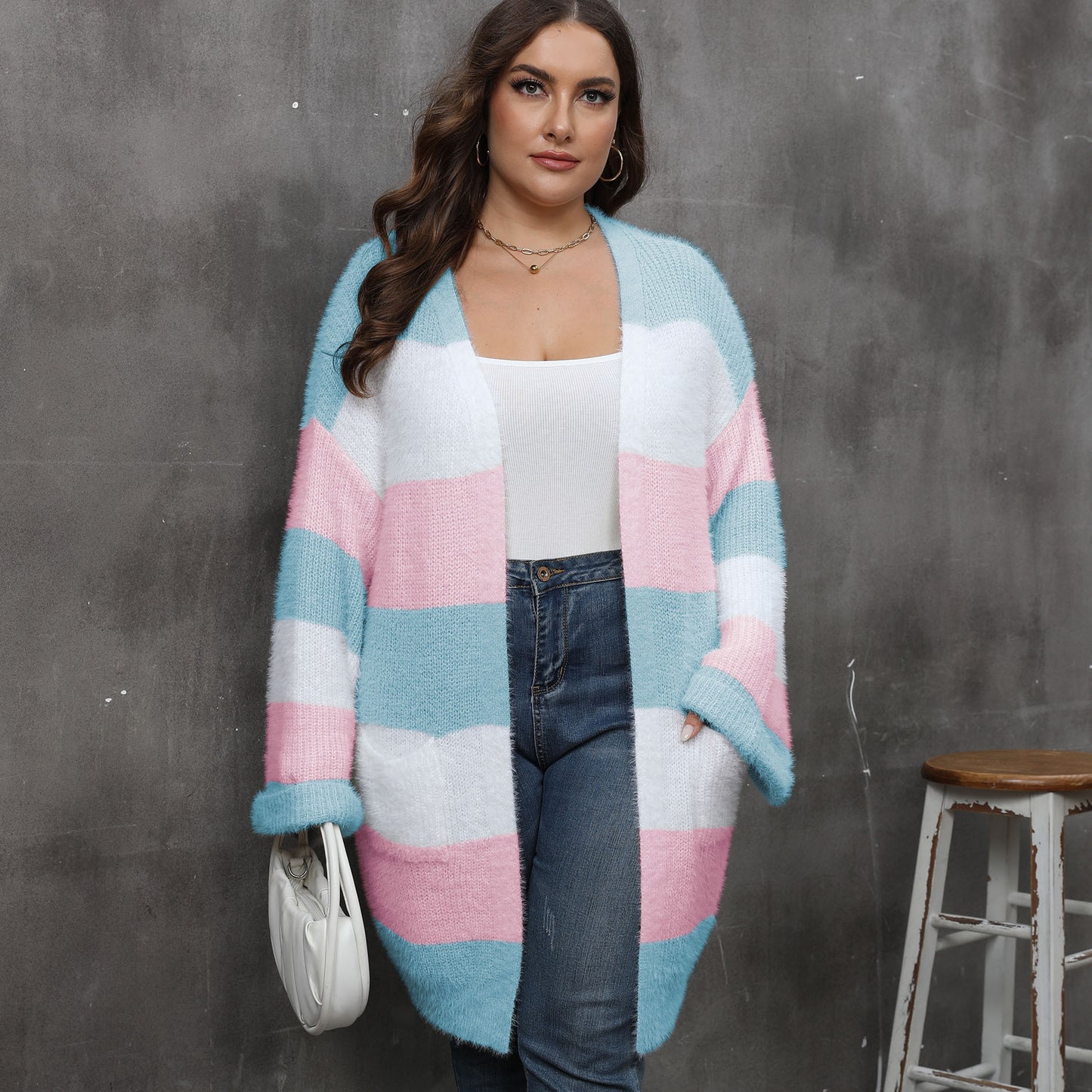 Ladies' Open Front Cardigan, Oversized Women's Sweater Coat with Color Block Splicing