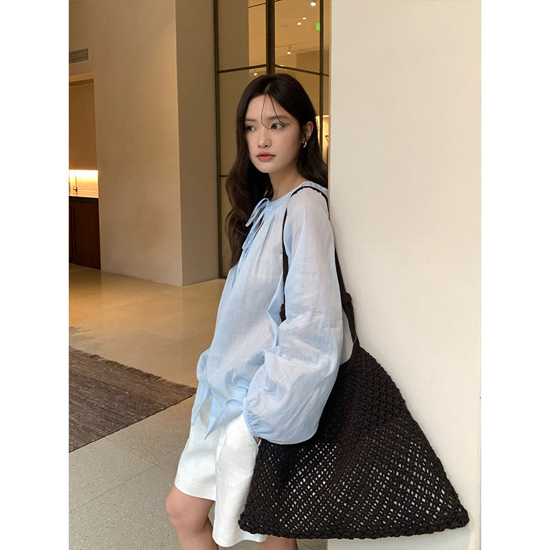 Linen-Cotton Collar Pleated Tie-Neck Blouse  Elegant Women's Top
