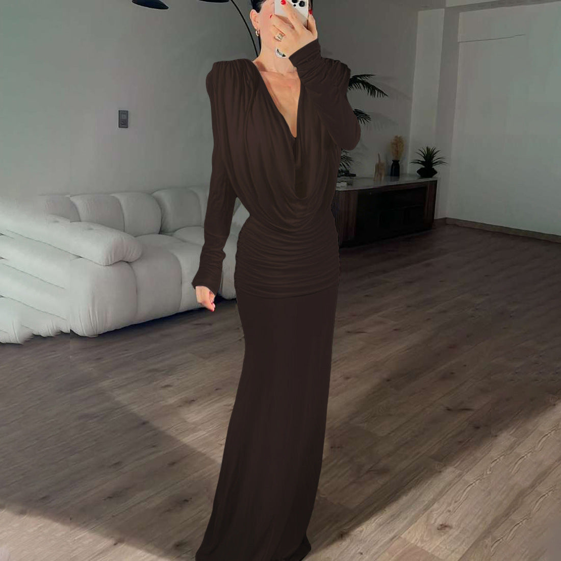 Backless swing collar slim fit pleated solid color long sleeved dress