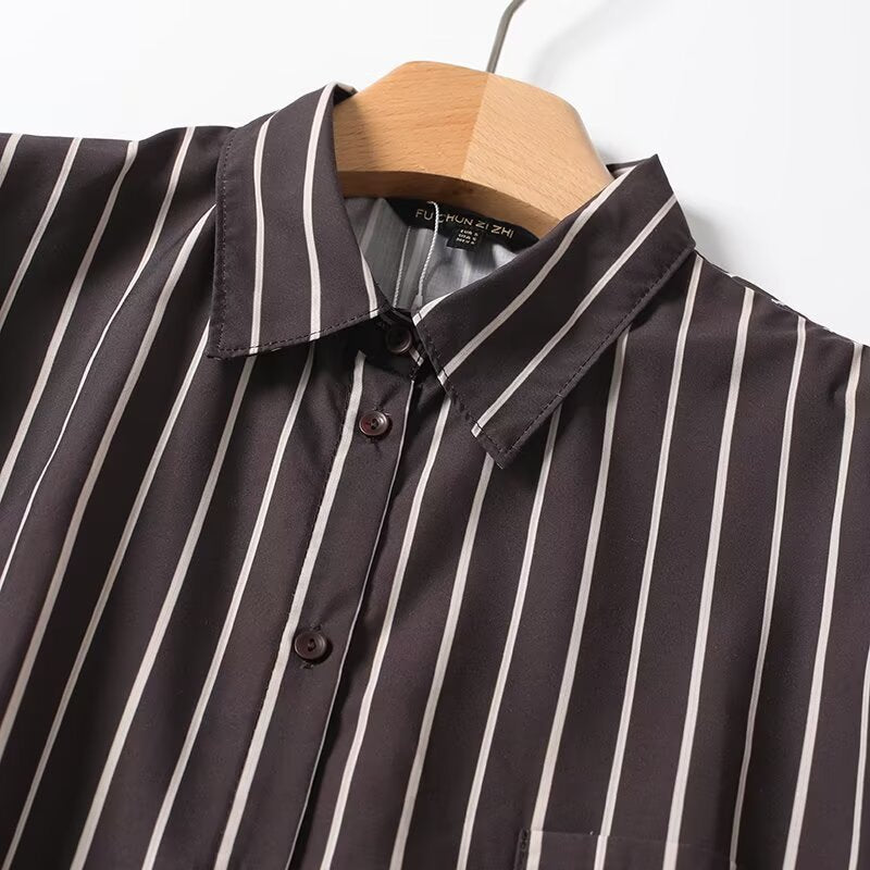 Flip collar single breasted striped loose and versatile shirt for women