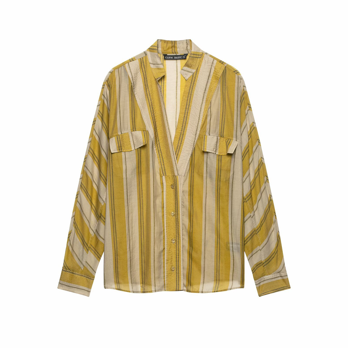 Pocket breasted striped shirt+pants set for women