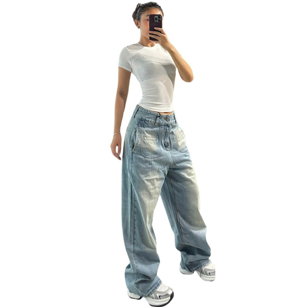 Women's High-Waisted Straight Leg Jeans, Autumn Fashion Dye-Effect Wide Leg Pants