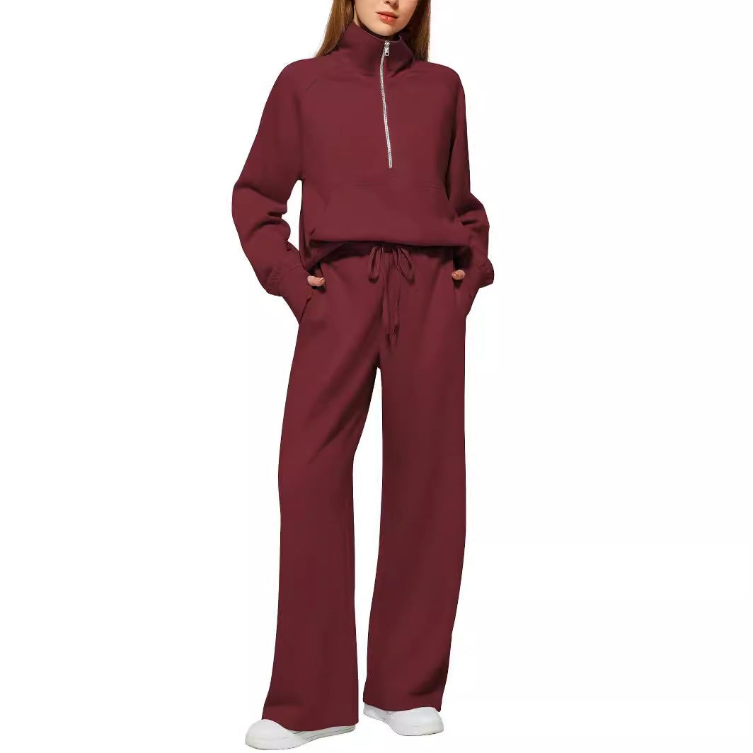 Women's Two-Piece Set with Oversized Half-Zip Hoodie and Wide-Leg Sweatpants Casual Outfit