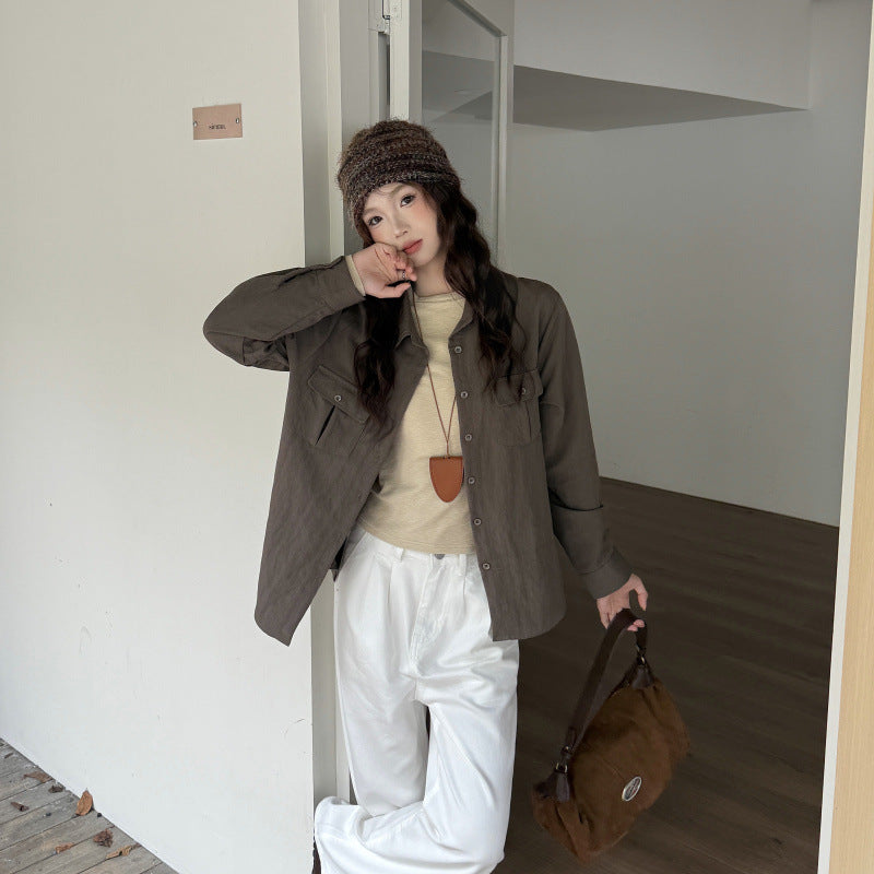 Casual Green Utility Shirt Jacket Long Sleeve Blouse for Women