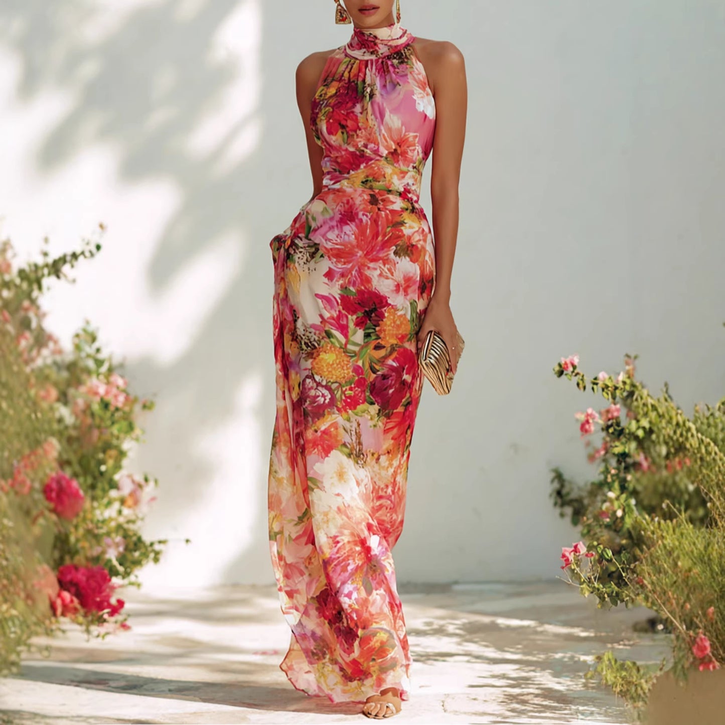 Elegant Floral Strapless Sleeveless Fitted Chiffon Dress