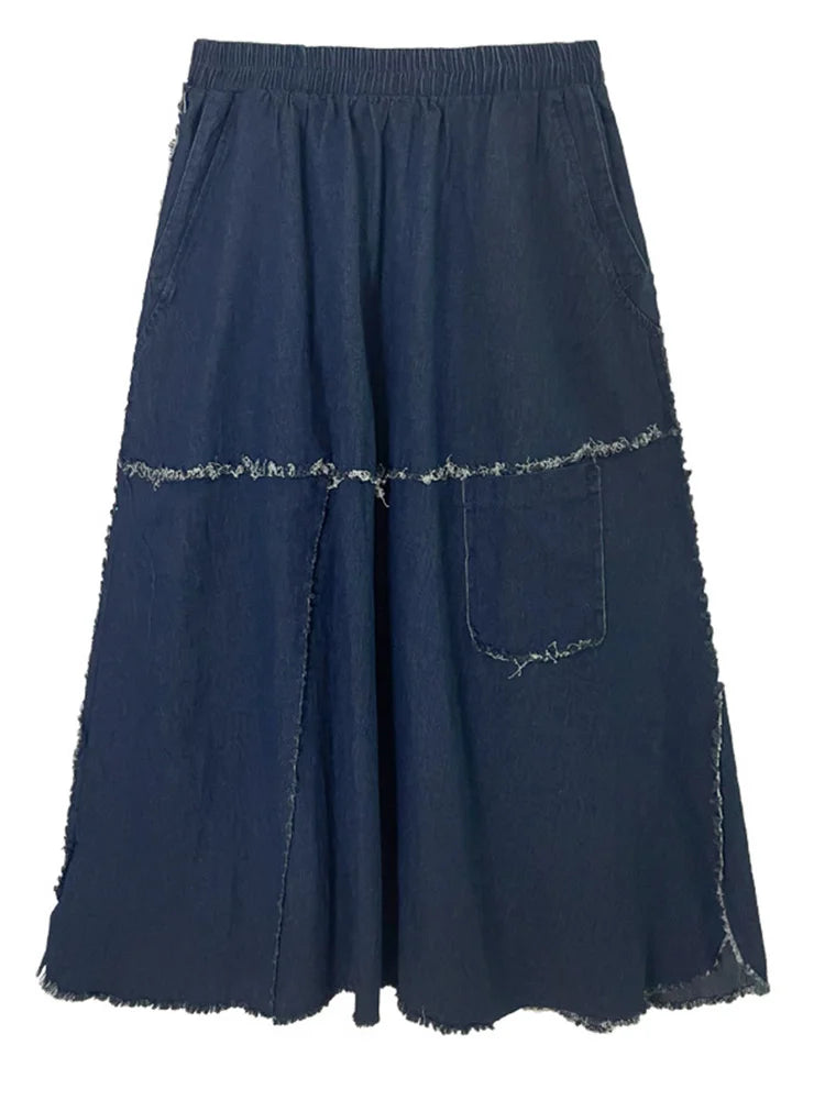 High Elastic Waist Blue Denim Burr Long Casual Vintage Half-body Skirt Women Fashion Tide New Spring Autumn