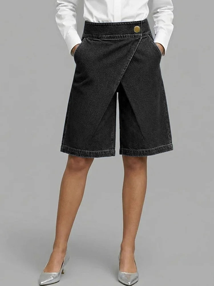 Asymmetric Denim-Style Five-Pocket Women's Shorts  Fashion Casual Style