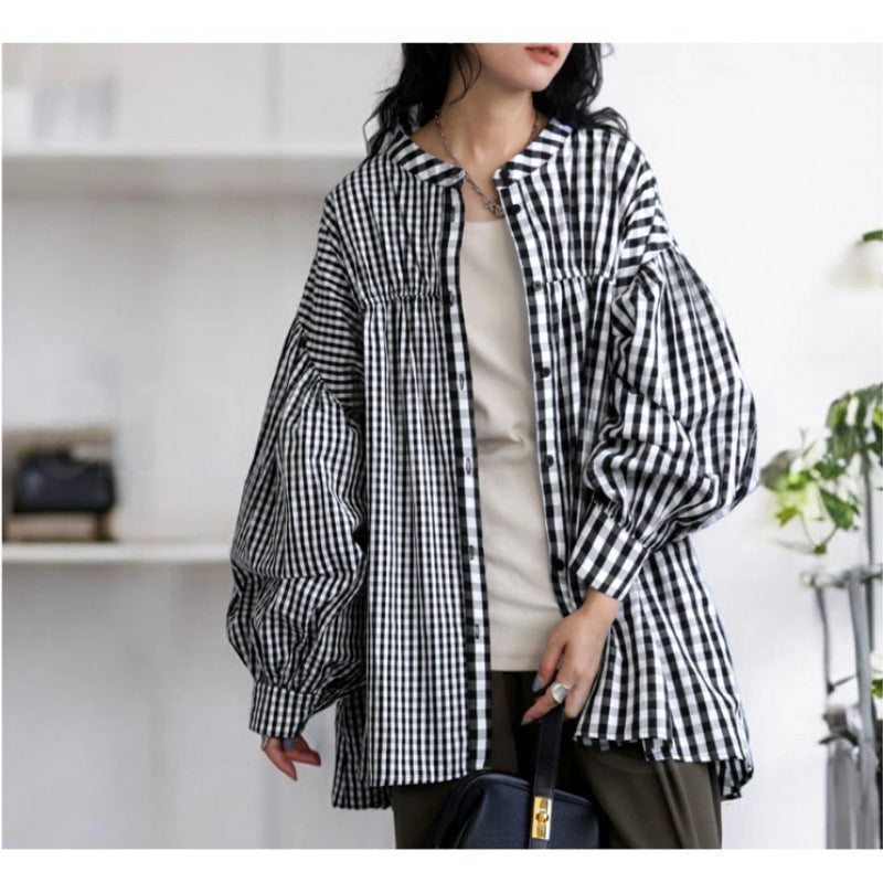 New long sleeved temperament checkered patchwork women's shirt loose irregular women's top