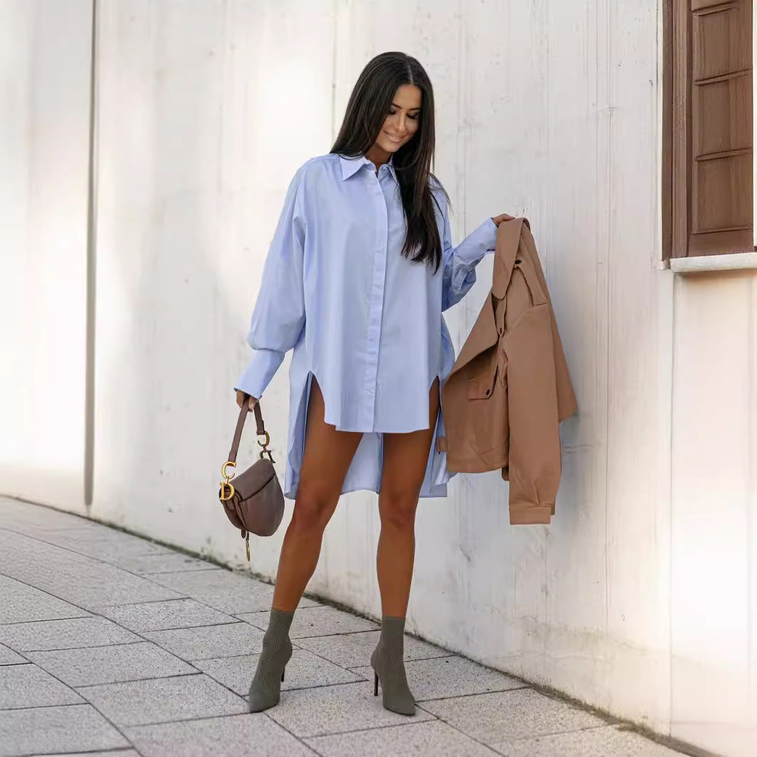 Long sleeved shirt casual solid color loose collar irregular shirt for women