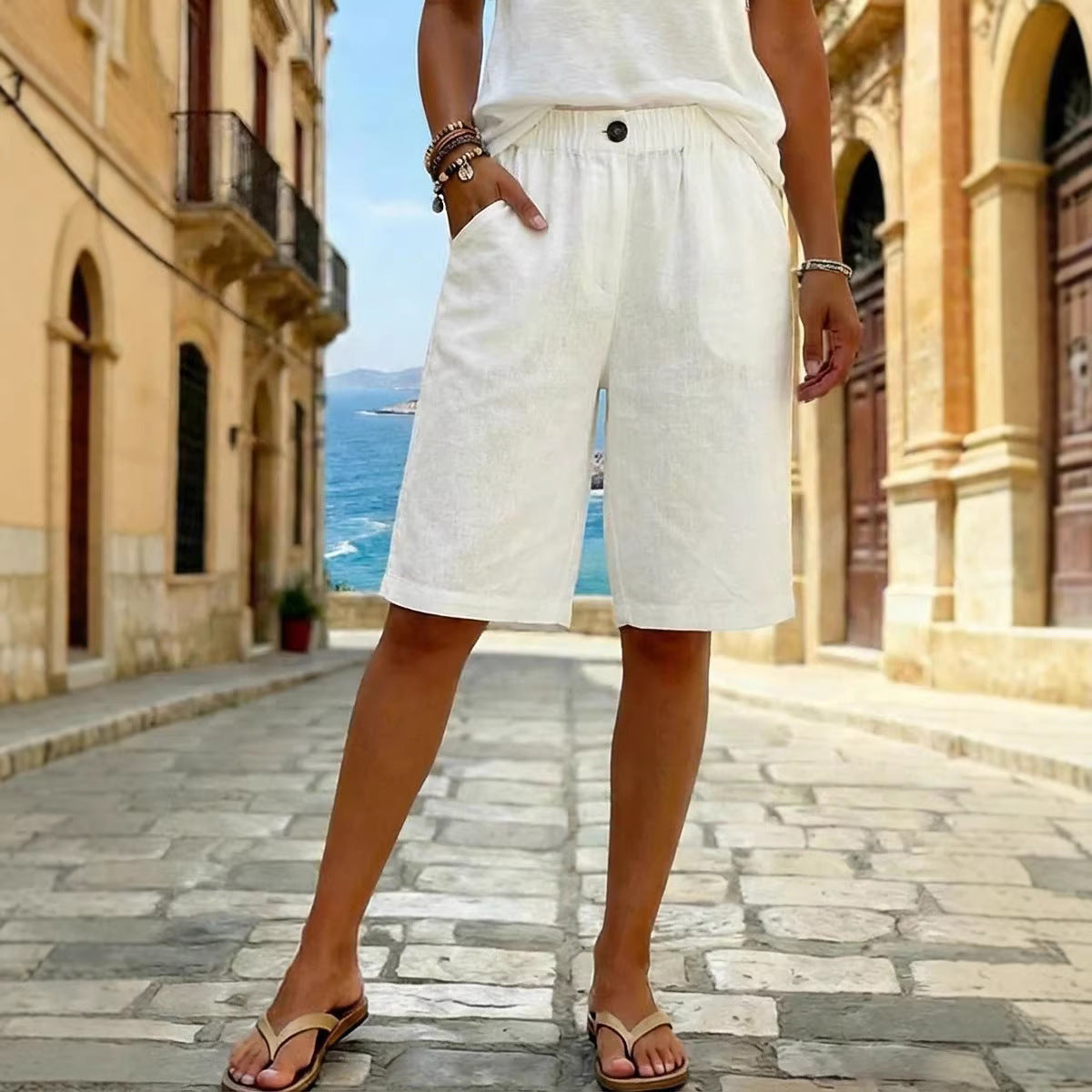 Casual Solid Color Mid-Waist Linen-Like Shorts for Women Summer Fashion Short Pants