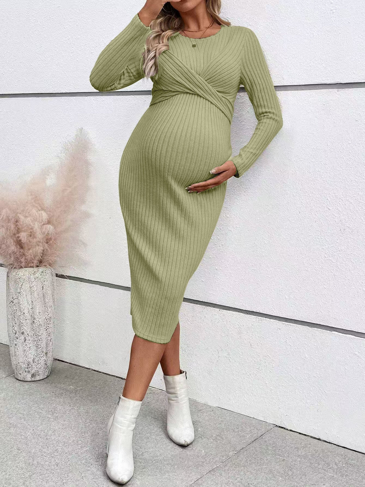 Long Sleeve Maternity Dress Elegant Knot Slim Fit Maternity Dress Full Length Dress
