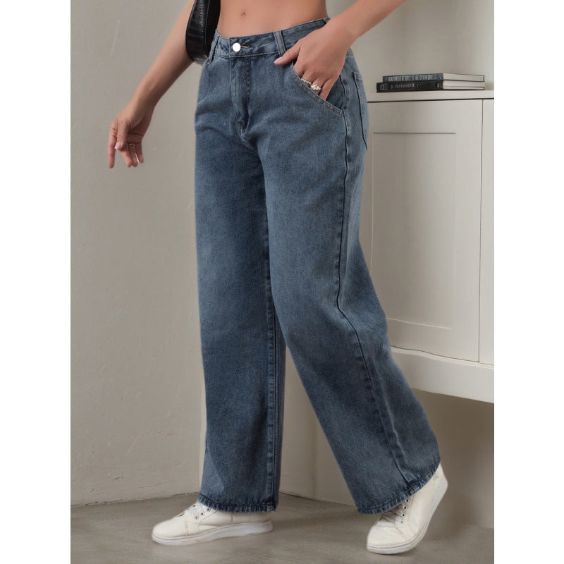 Women's denim pants, American trend, dark blue, non elastic, casual, versatile, slimming straight leg pants
