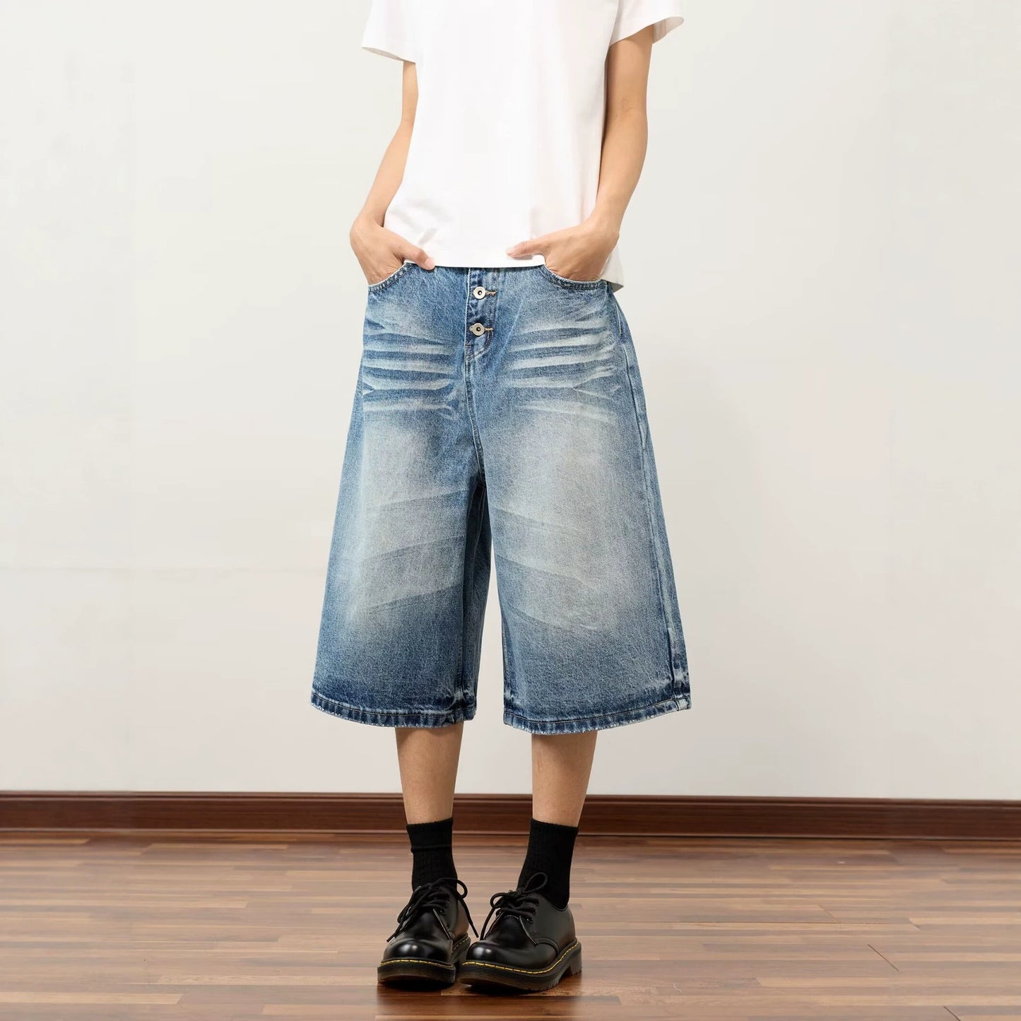 Streetwear Hip Hop Vintage Washed Denim Capri Pants