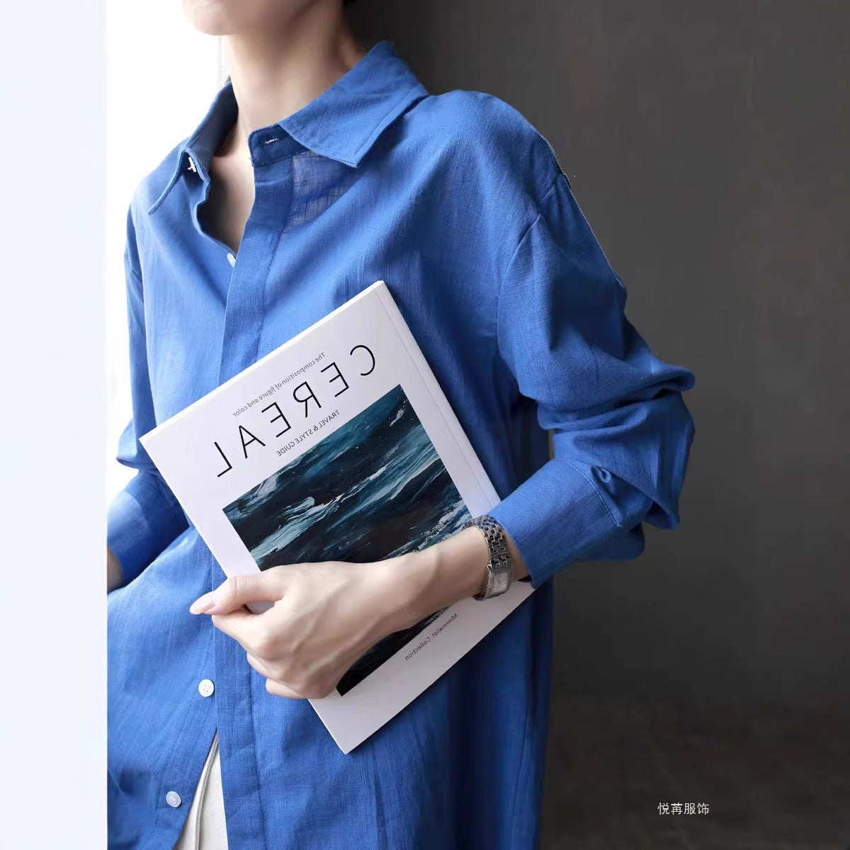 Blue Polo Collar Sun Protection Shirt Loose Lazy Style Long Sleeve Lightweight Cotton Linen Blouse Jacket