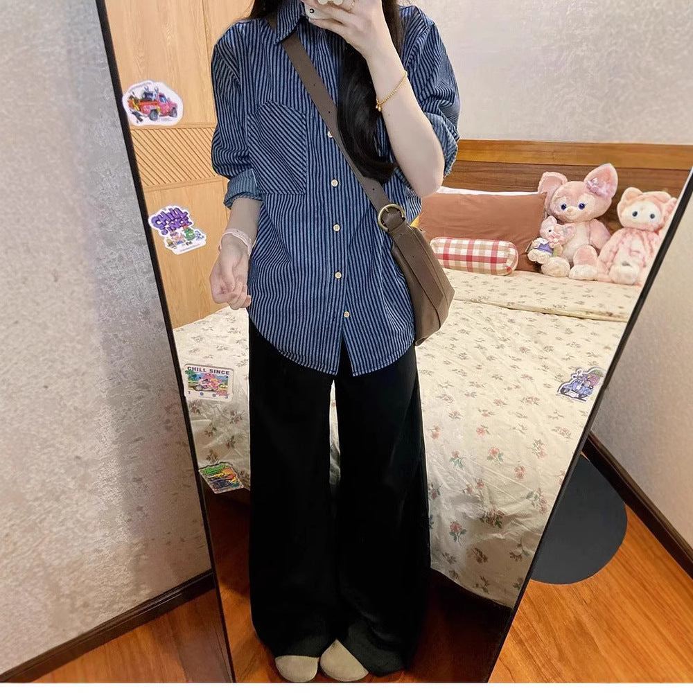 Retro Striped Long Sleeve Women's Shirt Casual Blue Blouse Loose Fit Top