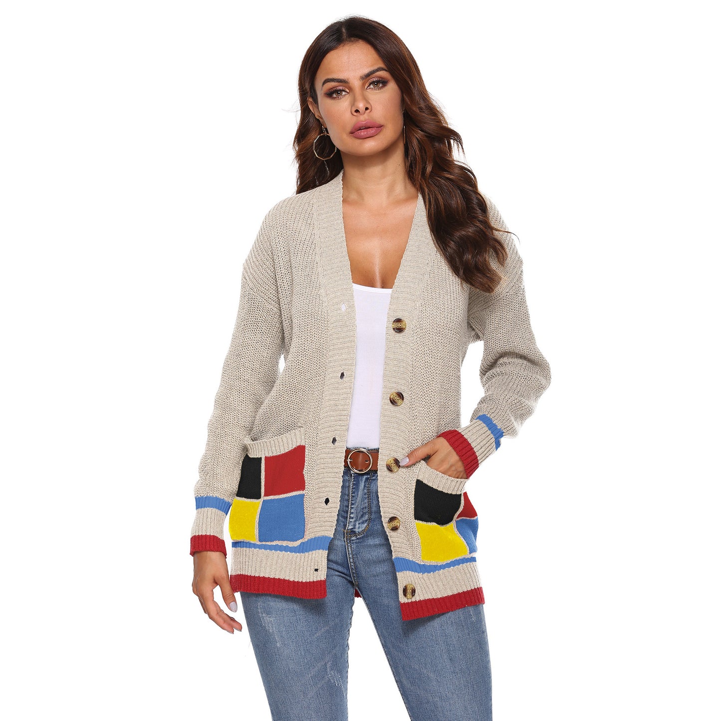 Women's Thick Woven Cardigan Coat with Color-blocked Large Pockets, V-neck Casual Sweater