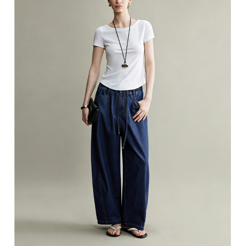 Deep Blue Elastic Waist Wide Leg Jeans for Women Slimming and Hip-Hiding, Versatile Long Pants