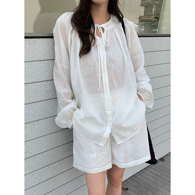 Linen-Cotton Collar Pleated Tie-Neck Blouse  Elegant Women's Top