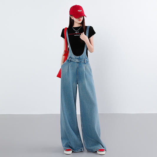 Blue Wide-Leg Denim Overalls Women Loose Fit Relaxed Casual  Style Strap Jumpsuit