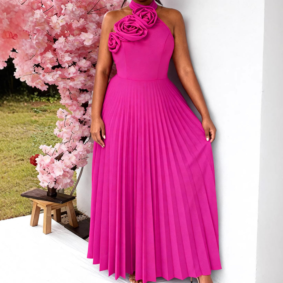 Folding waist three-dimensional flower hanging neck pleated skirt