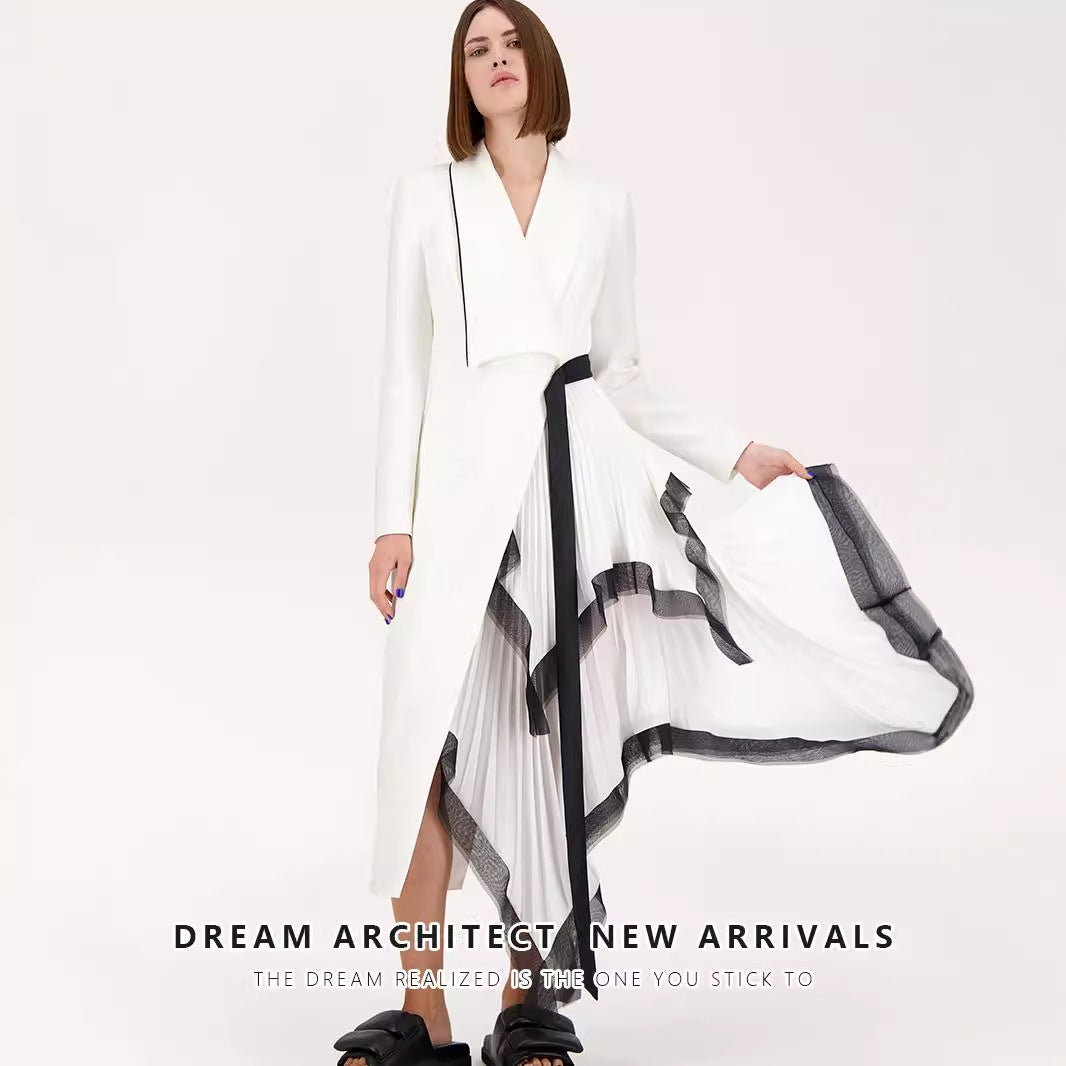 Asymmetric pleated loose mouth ruffle edge contrasting long suit jacket for women