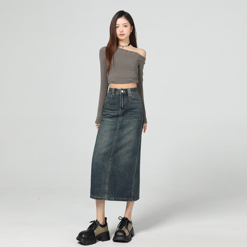 Women's Vintage Blue Slimming Denim Skirt with Slit Design Straight Skirt