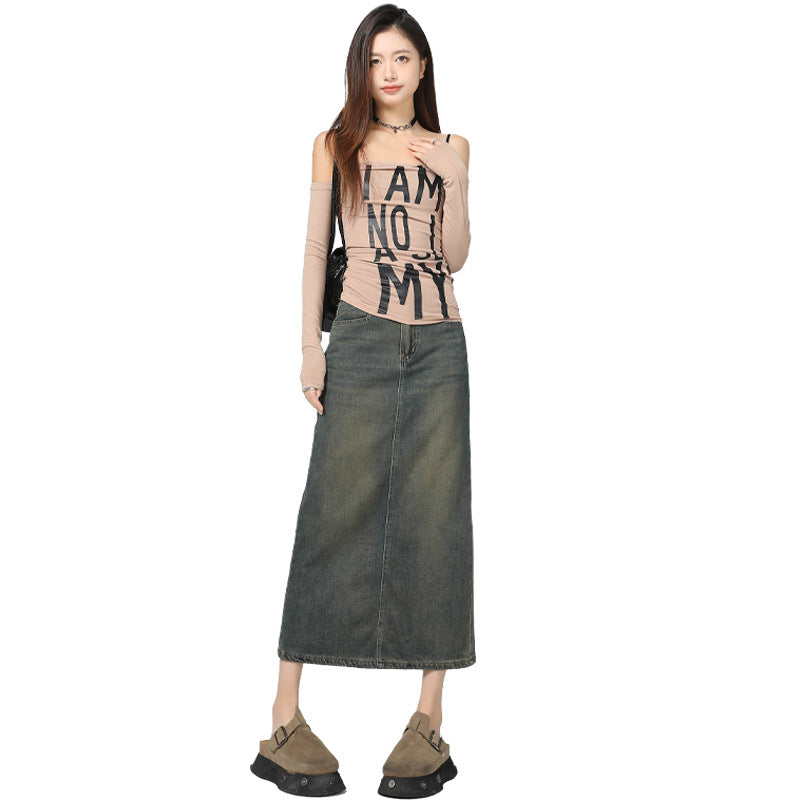 Women's Vintage Blue Slimming Denim Skirt with Slit Design Straight Skirt