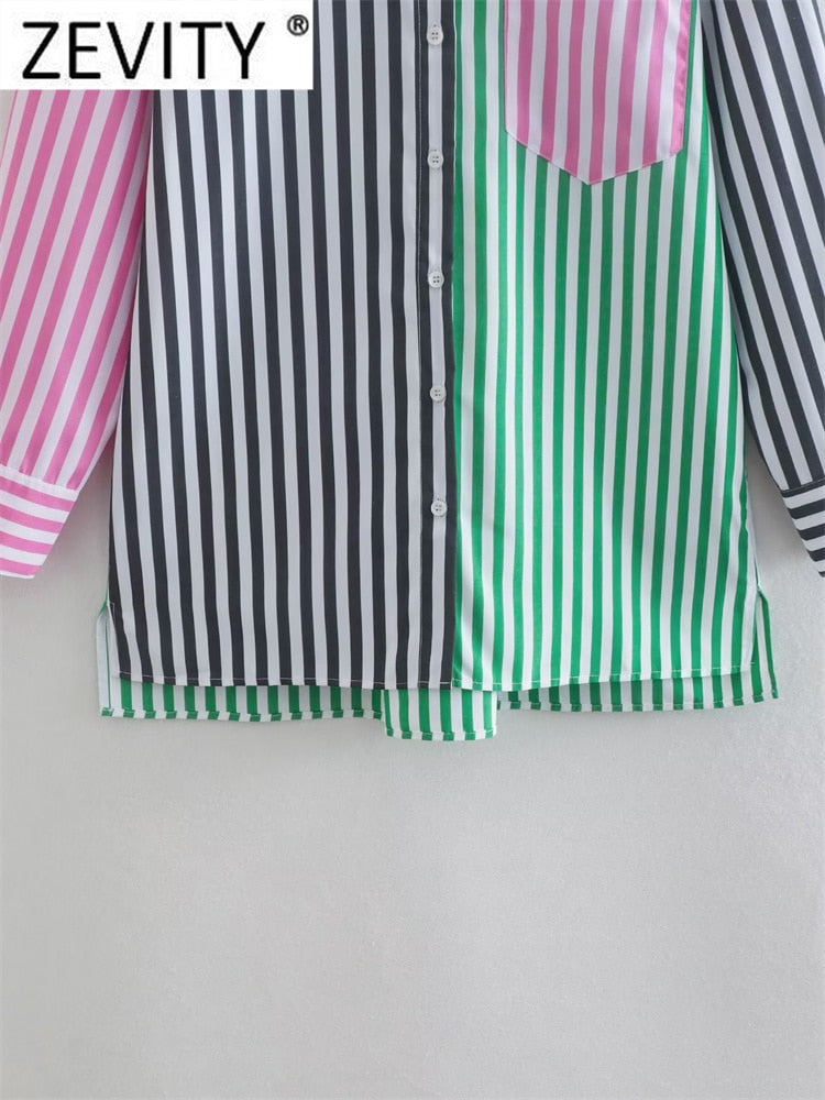 Zevity Women Fashion Color Matching Striped Print Smock Blouse Office Lady Breasted Shirt Business Chemise Blusas Tops