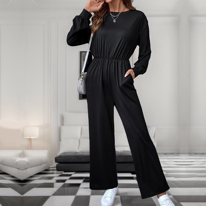 Casual  Solid Color Long Sleeve Pocket Draping Jumpsuit for Women