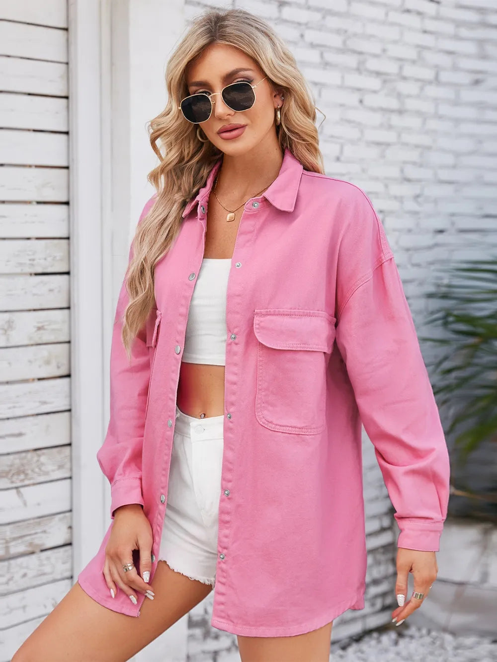 Washed loose long sleeved denim shirt top