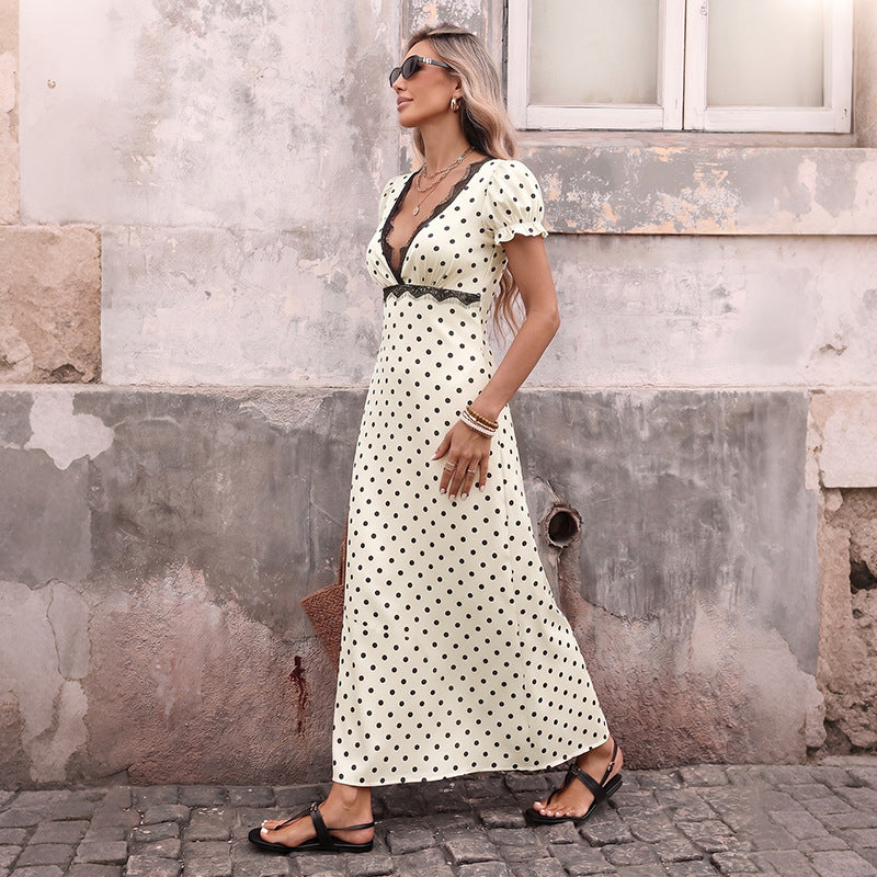 French Vintage Style Polka Dot Lace Spliced Deep V-Neck Backless Maxi Dress