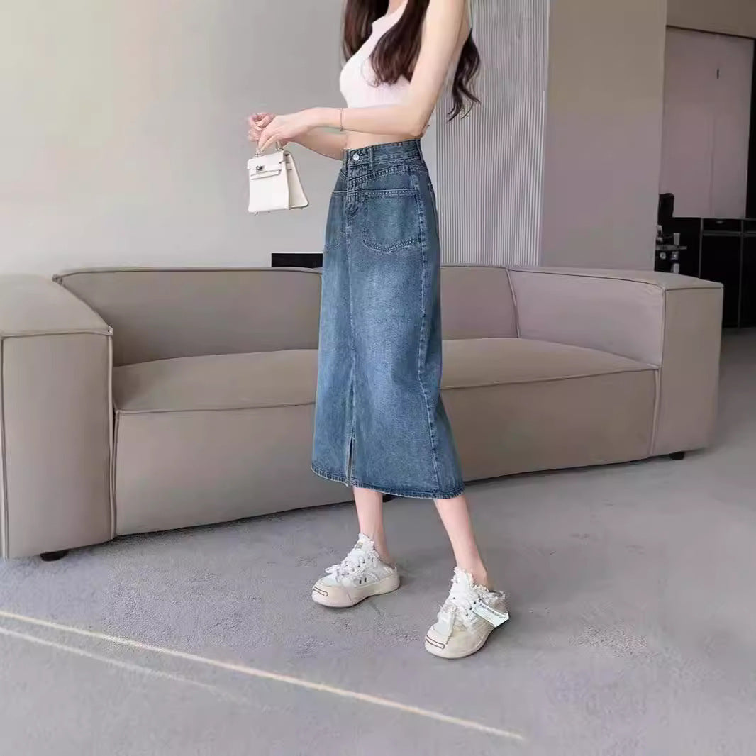 High-Waisted Front Slit Denim Skirt  Versatile Denim A-Line Skirt Women's Slimming Midi Skirt
