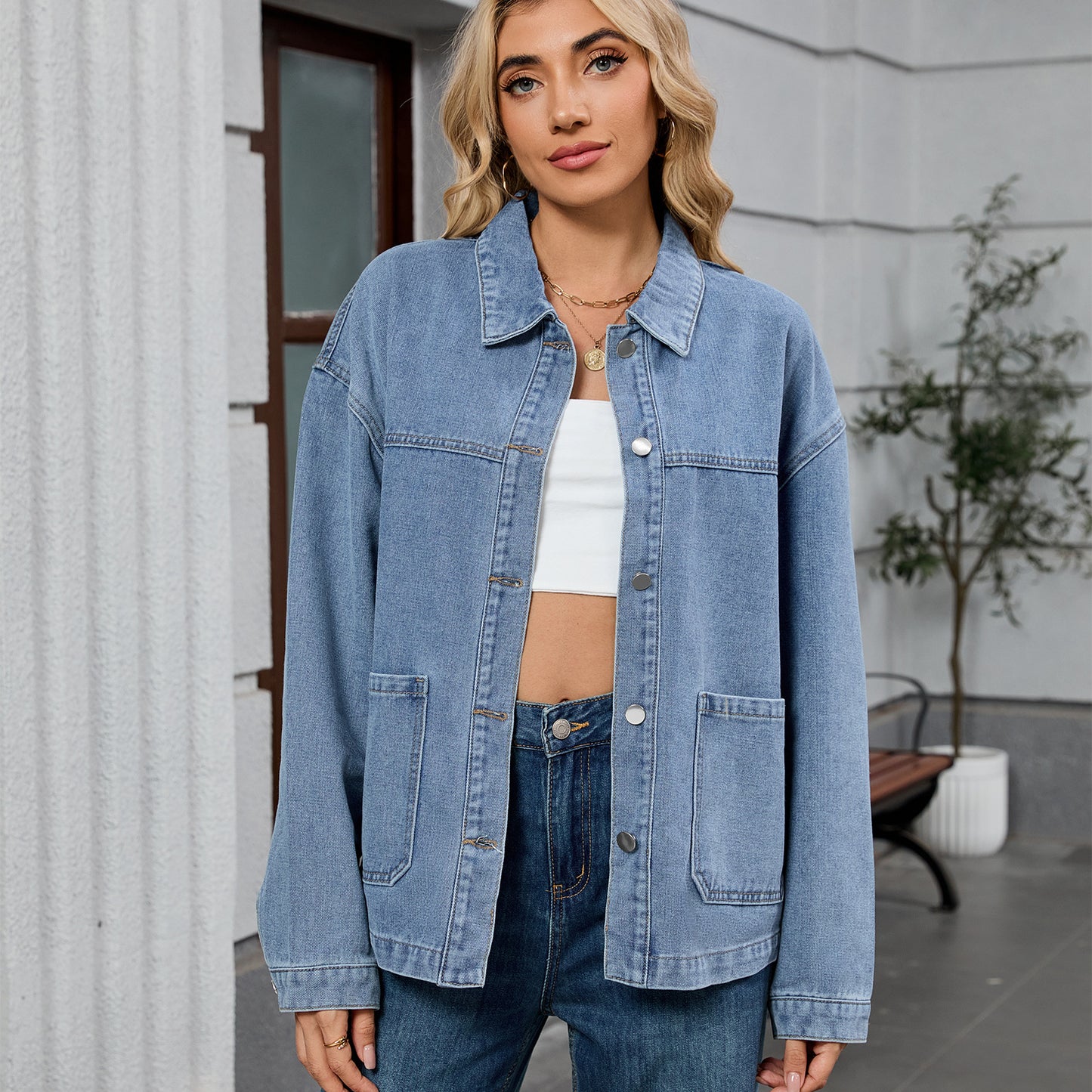Women's  Loose Casual Long-sleeved Jacket Early Autumn New Turn-down Collar Denim Jacket