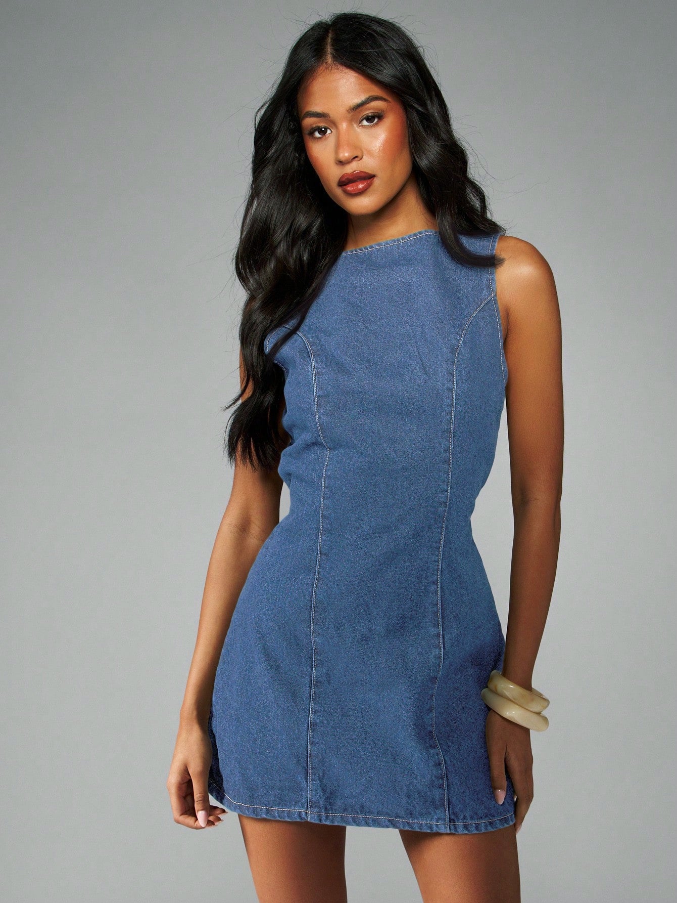 Plain Sleeveless Back Tie A-line Denim Dress for Women