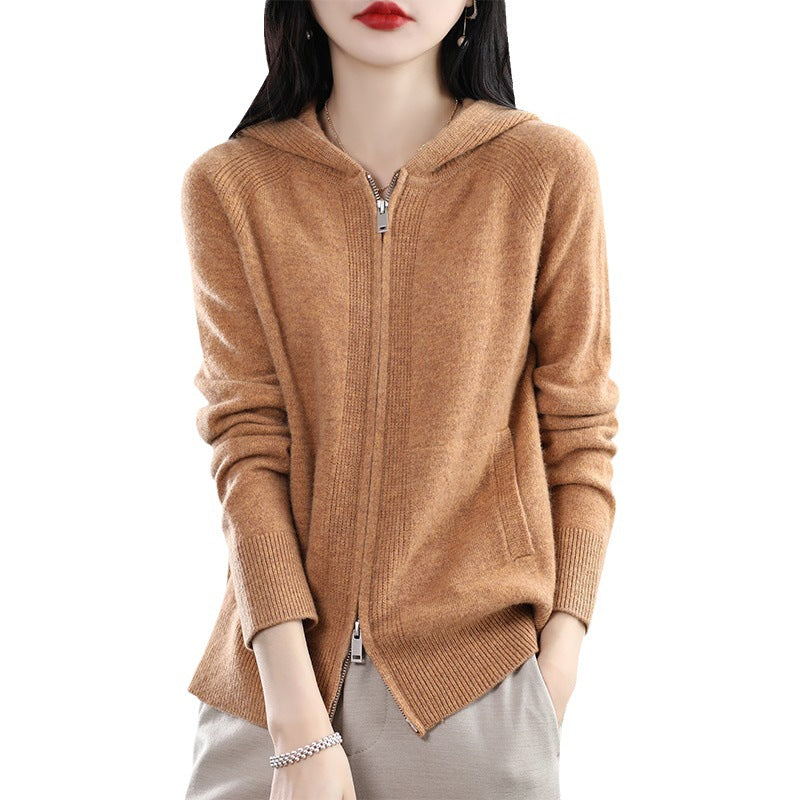 Hooded Zipper Knit Cardigan Women Long Sleeve Versatile Loose Sweater Coat Fashion Top