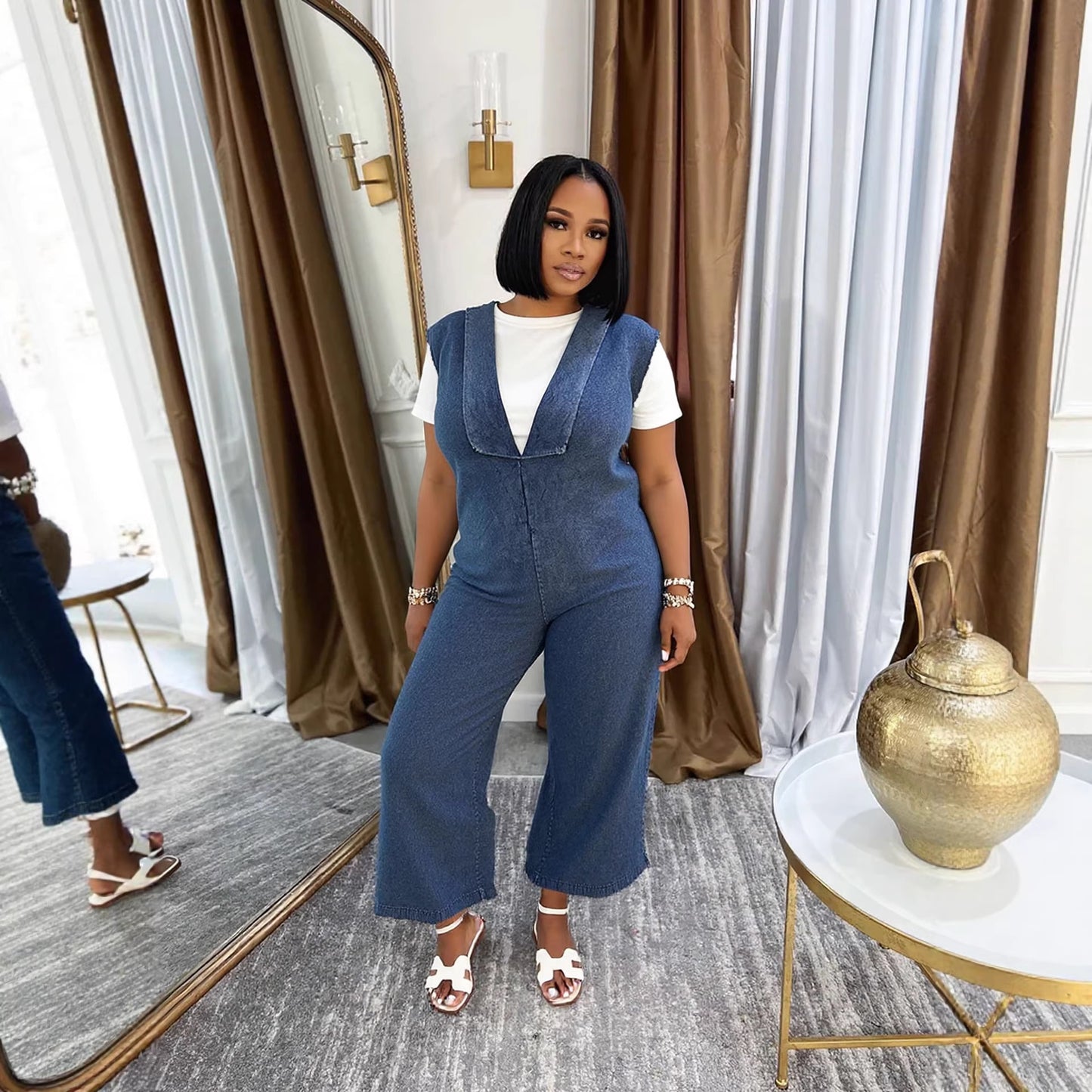 Casual V-Neck Side Pocket Washed Denim Jumpsuit