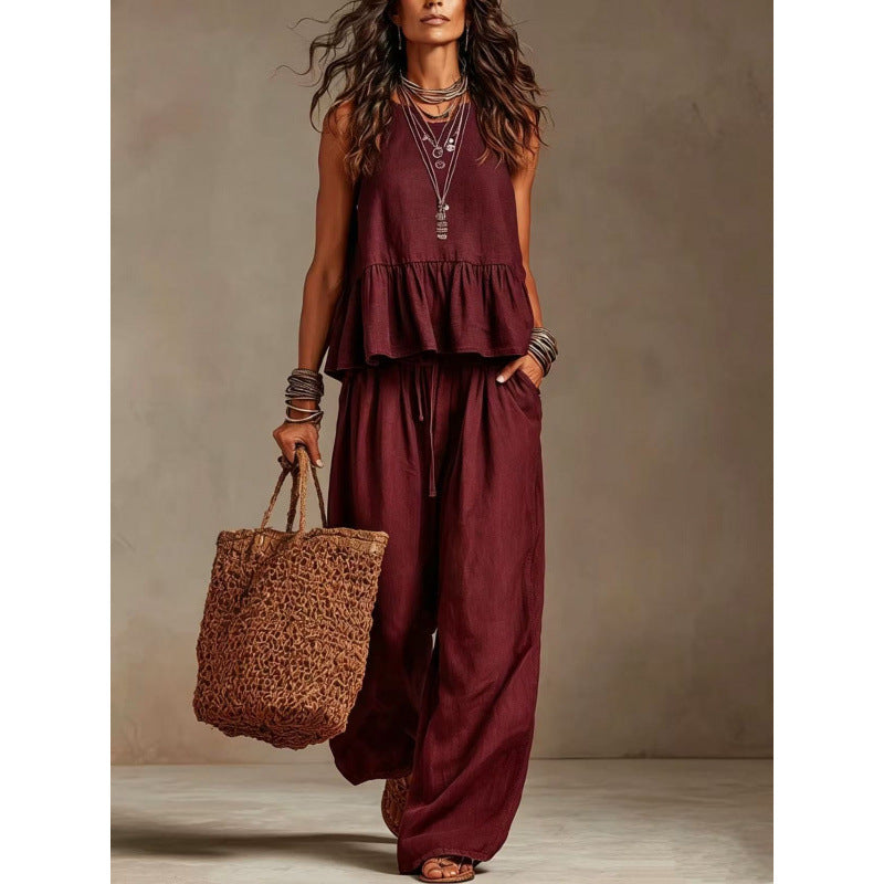 Simple Casual Cotton Linen Ruffle Sleeveless Wide Leg Set Women's Two-Piece Outfit