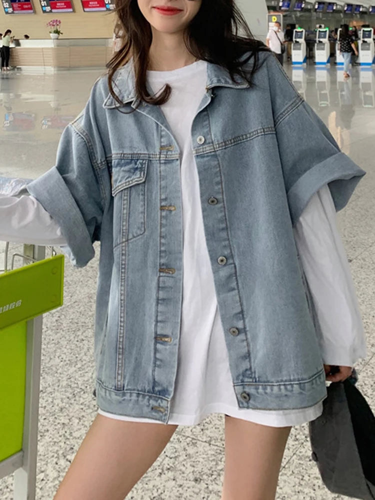 Half Sleeve Denim Jacket For Women Single Breasted Loose Fashion Pocket Patchwork Jackets Coat