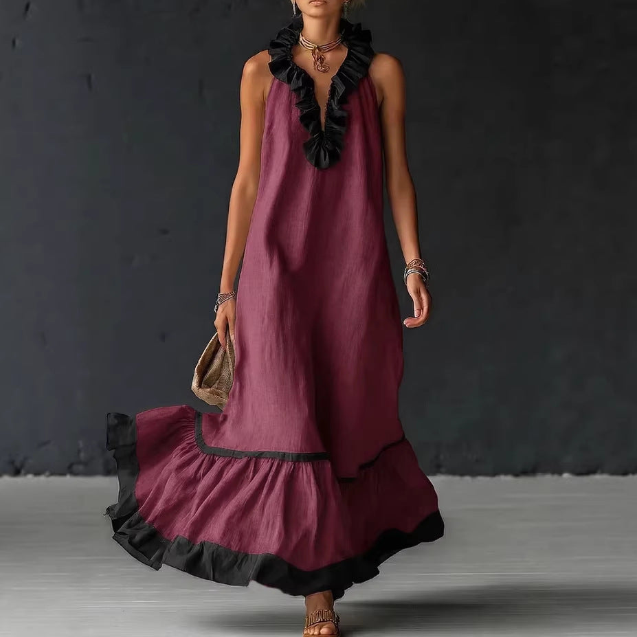 Sleeveless V-neck loose ruffle side length vest dress