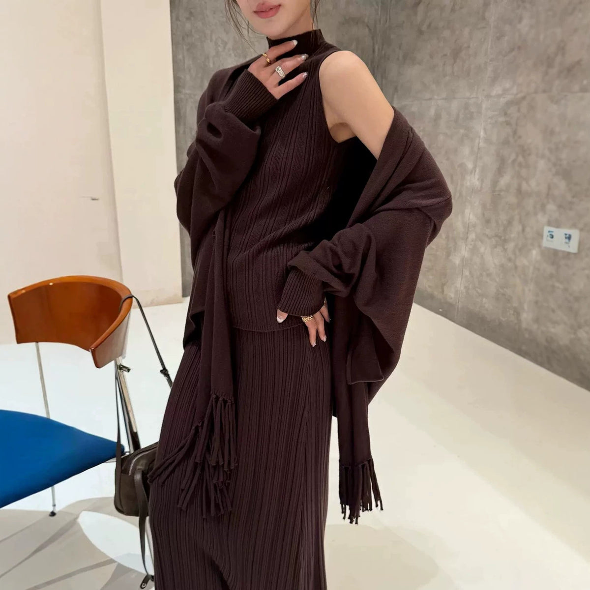 Tassel Bat Sleeve Top Skirt 3-Piece Set