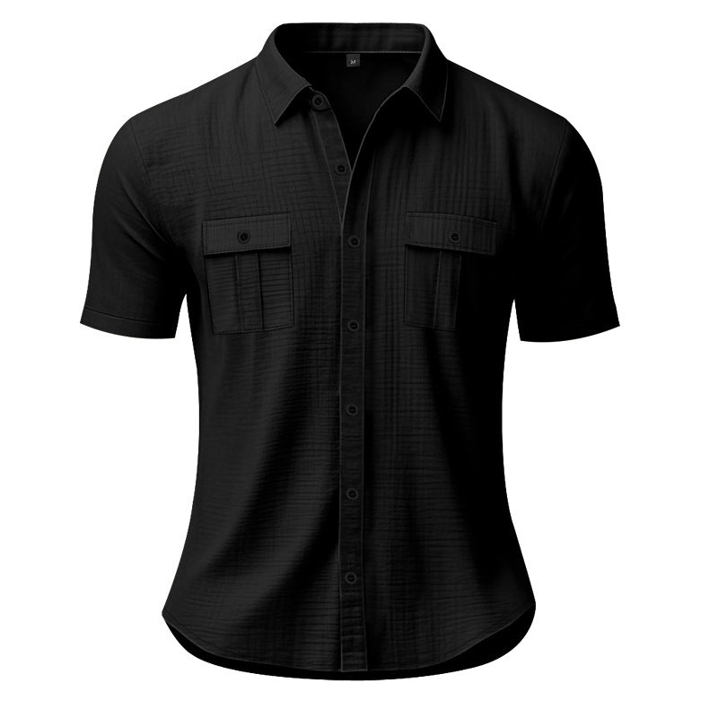 Solid color cardigan short sleeved loose collar men's shirt